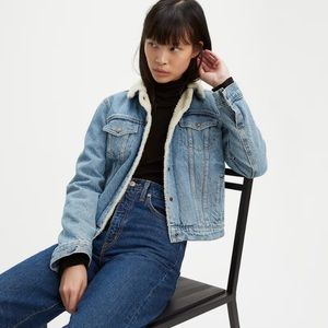 Light blue Sherpa collar trucker denim jacket